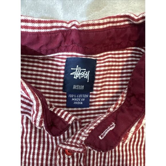 Men’s Stussy Button Up Flannel Shirt Red White Size Medium - Picture 7 of 11